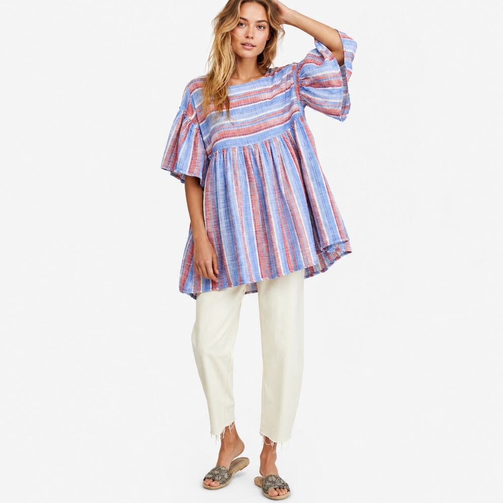 Free People Striped  Tunic Top Small‎ Blue Pink Boho Babydoll Pockets